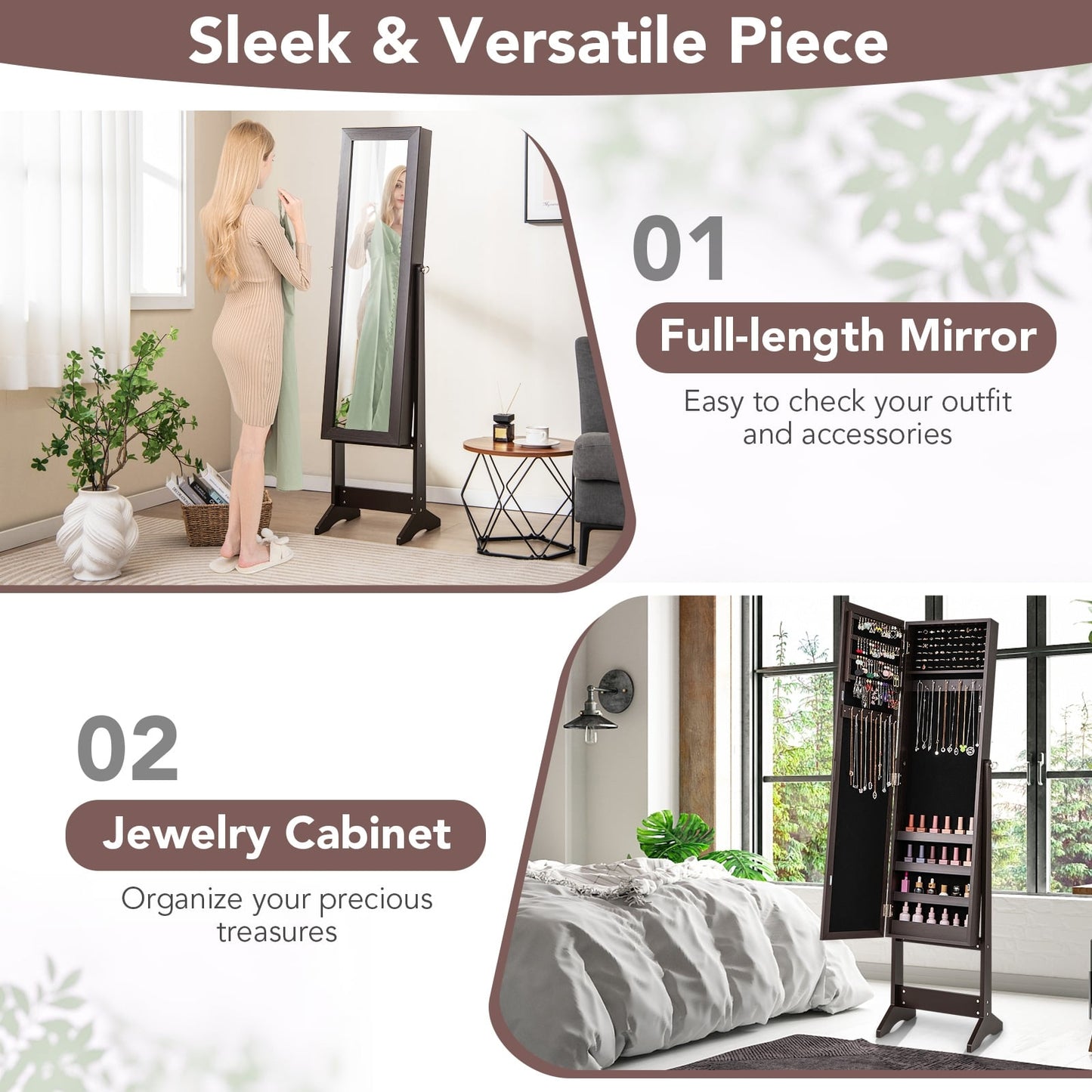 Mirrored Standing Jewelry Cabinet, Rustic Brown Jewelry Armoires at Gallery Canada