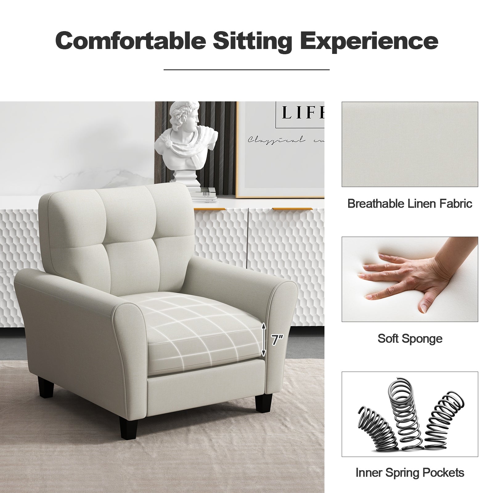 Modern Upholstered Accent Chair with Rubber Wood Legs, Beige Accent Chairs at Gallery Canada