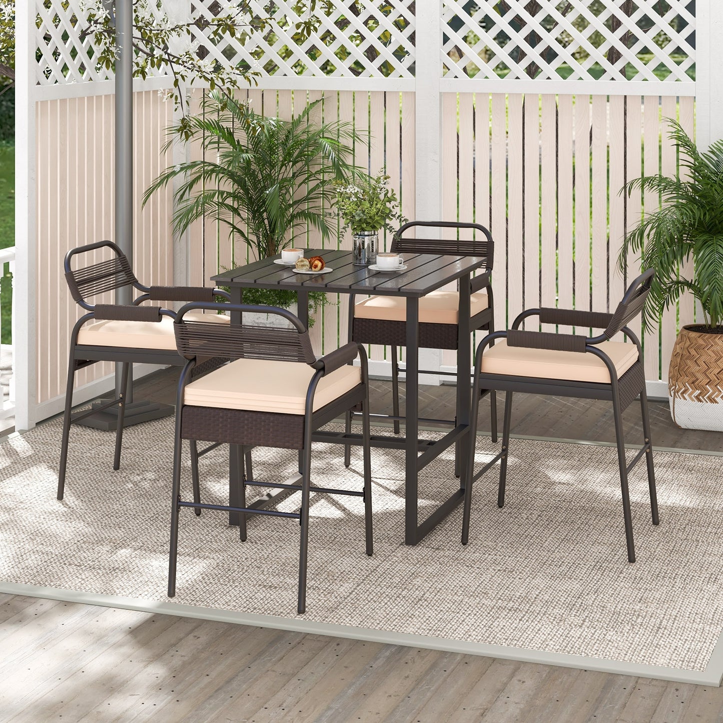 5 Piece Rattan Counter Set with 4 Stools and Polywood Bar Table, Brown Patio Bar Furniture at Gallery Canada
