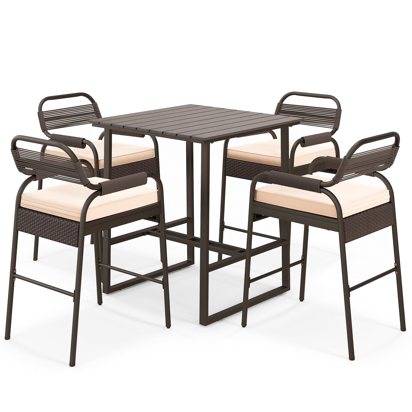 Ensemble de comptoir en rotin 5 pièces, 4 tabourets, table de bar Polywood, marron