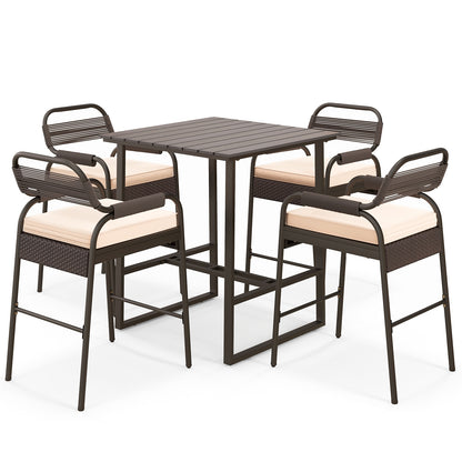 Ensemble de comptoir en rotin 5 pièces, 4 tabourets, table de bar Polywood, marron