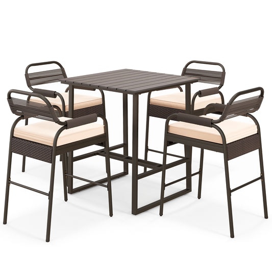 5 Piece Rattan Counter Set, 4 Stools, Polywood Bar Table, Brown Patio Bar Furniture Brown at Gallery Canada