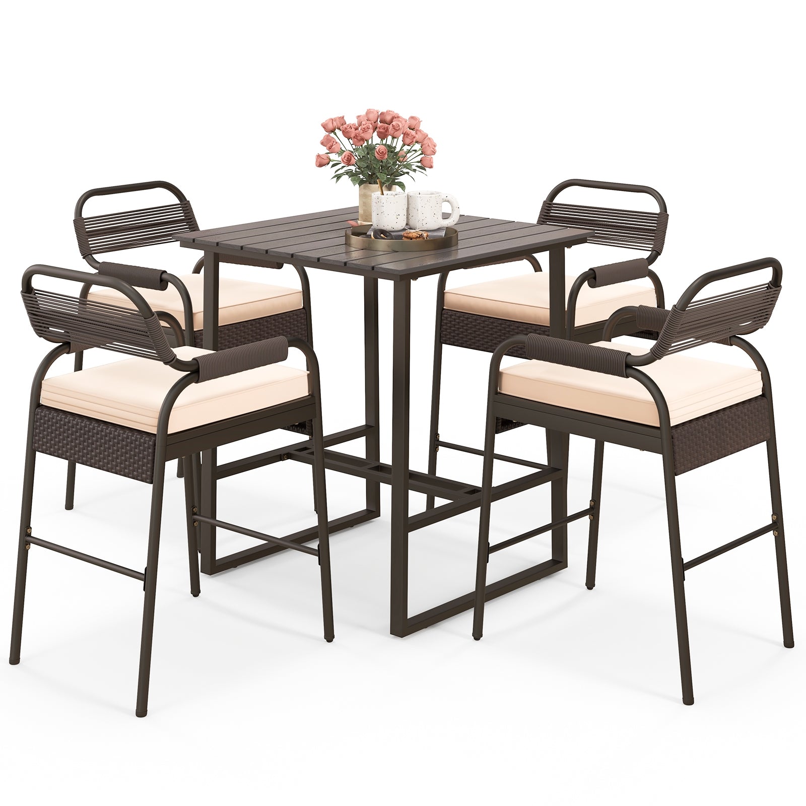 5 Piece Rattan Counter Set with 4 Stools and Polywood Bar Table, Brown Patio Bar Furniture at Gallery Canada
