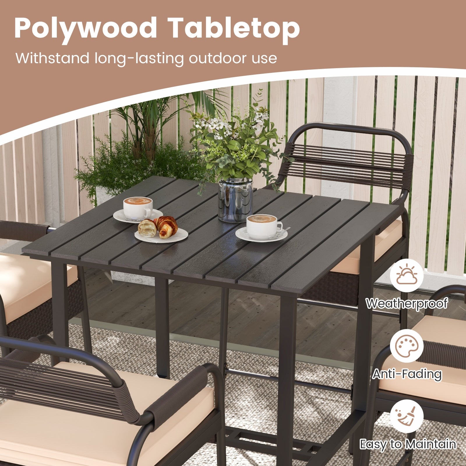 5 Piece Rattan Counter Set with 4 Stools and Polywood Bar Table, Brown Patio Bar Furniture at Gallery Canada