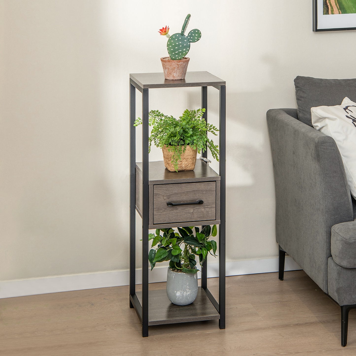 3 Tier Tall Metal Plant Stand with Drawer for Balcony Office, Gray Plant Stands at Gallery Canada