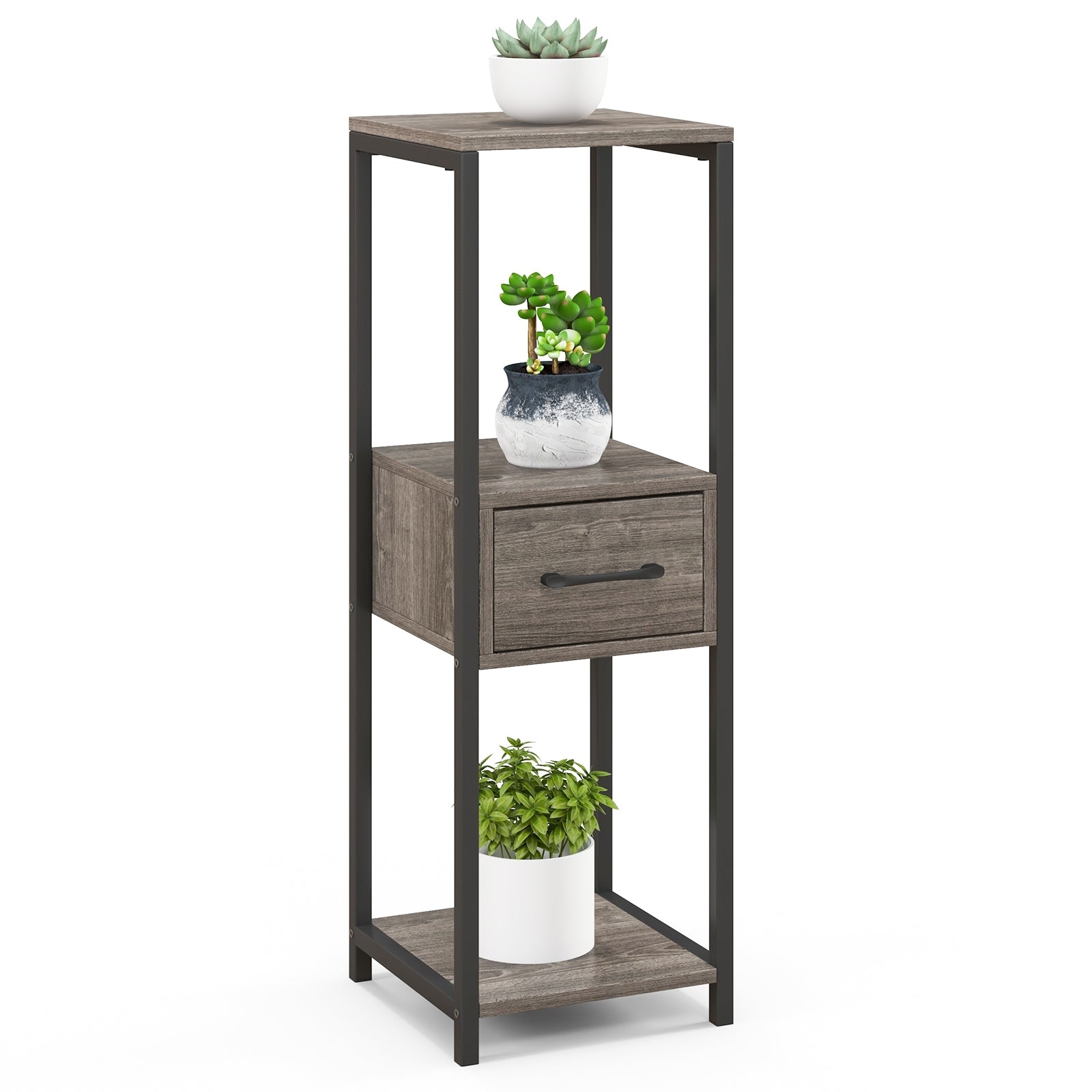 3 Tier Tall Metal Plant Stand with Drawer for Balcony Office, Gray Plant Stands Gray at Gallery Canada