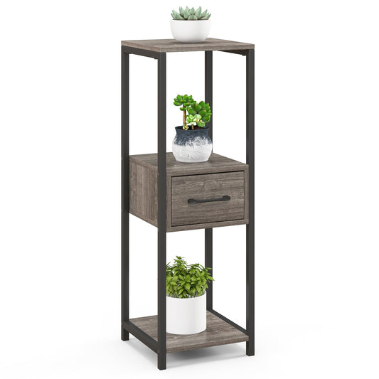 3 Tier Tall Metal Plant Stand With Drawer, Gray Plant Stands Gray at Gallery Canada