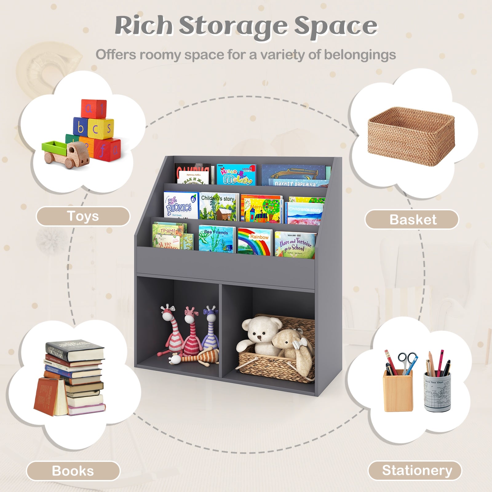 Kids Wooden Bookshelf Bookcase Children Toy Storage Cabinet Organizer, Gray Kids Storage at Gallery Canada