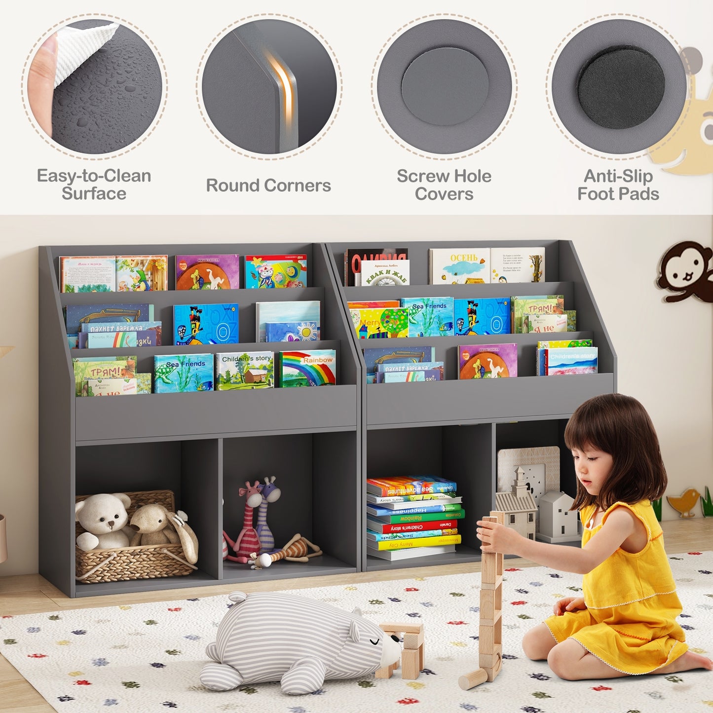 Kids Wooden Bookshelf Bookcase Children Toy Storage Cabinet Organizer, Gray Kids Storage at Gallery Canada