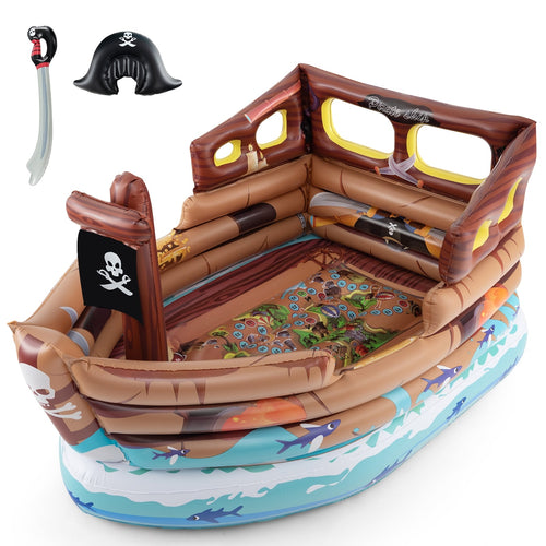 Inflatable Pirate Ship Playhouse, Built-in Motor, Inflatable Toy Sword, Brown