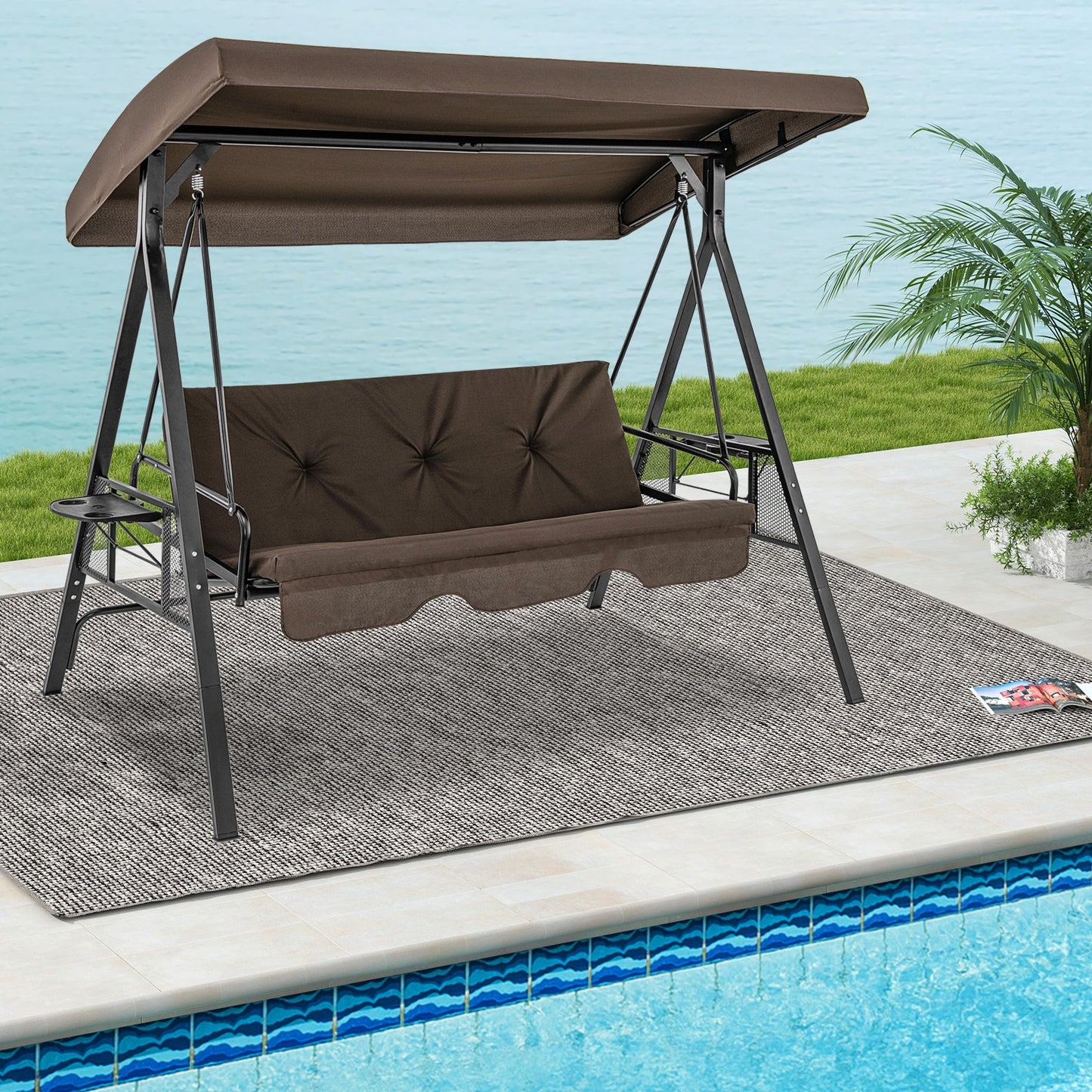 Convertible 3-Seat Patio Porch Swing Chair to Flat Bed with Adjustable Canopy, Brown Porch Swings at Gallery Canada