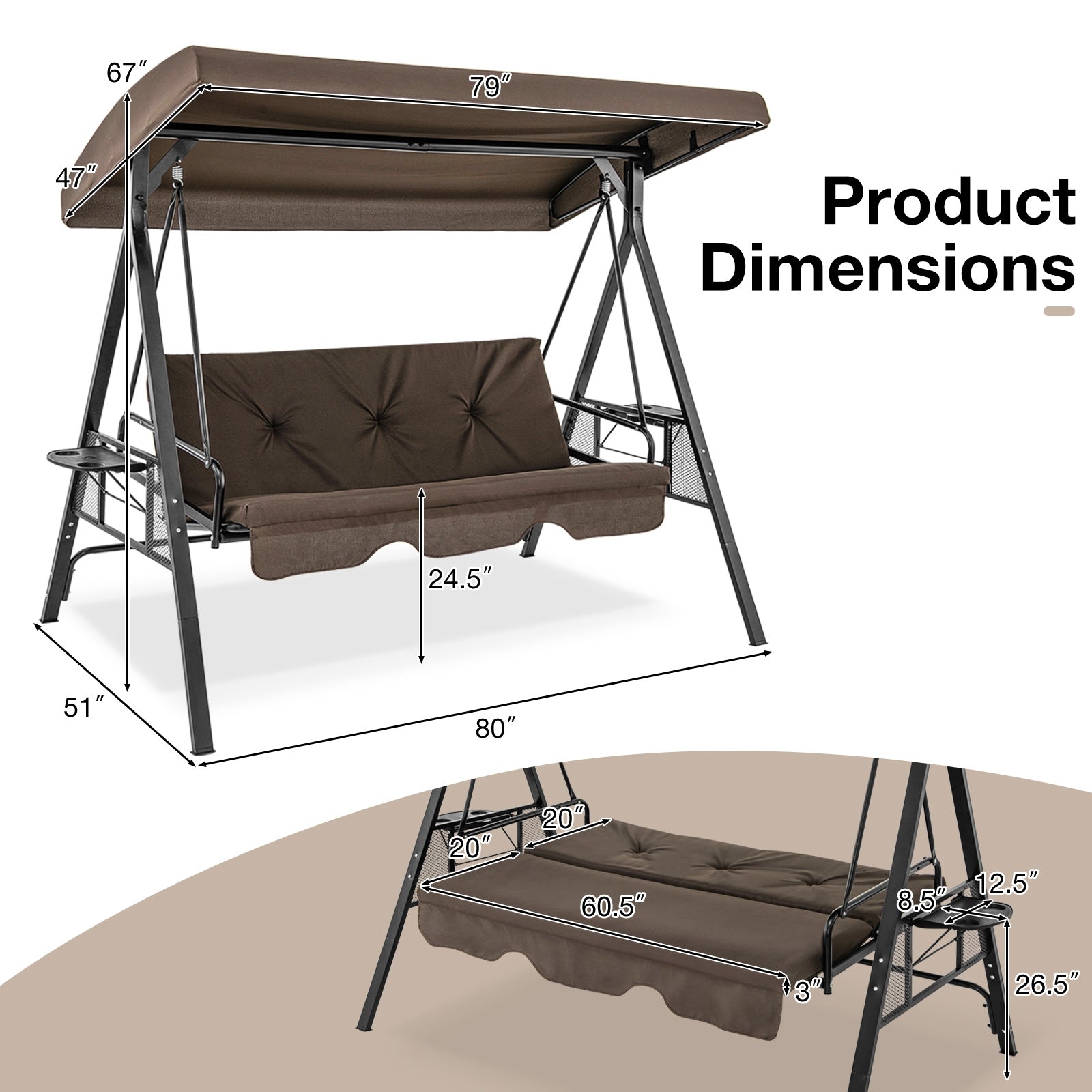 Convertible 3-Seat Patio Porch Swing Chair to Flat Bed with Adjustable Canopy, Brown Porch Swings at Gallery Canada