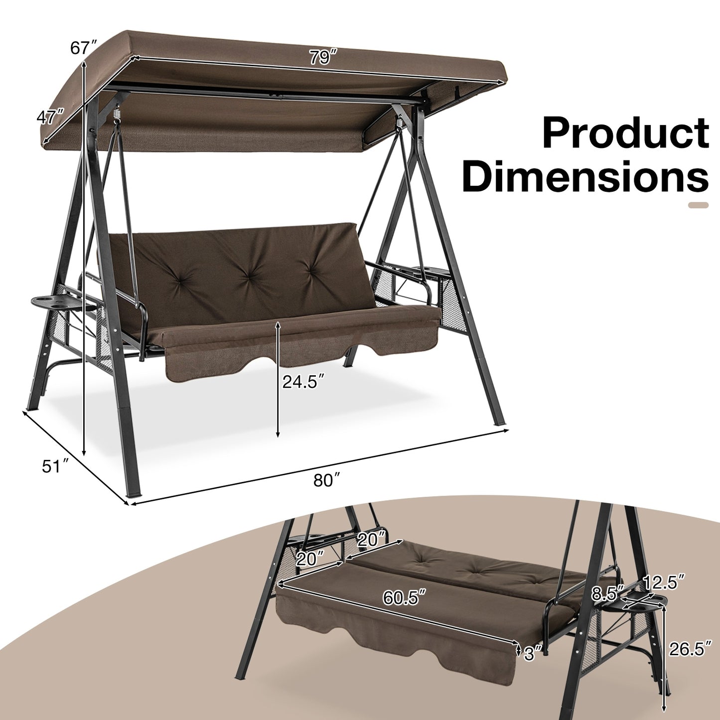Convertible 3-Seat Patio Porch Swing Chair to Flat Bed with Adjustable Canopy, Brown Porch Swings at Gallery Canada