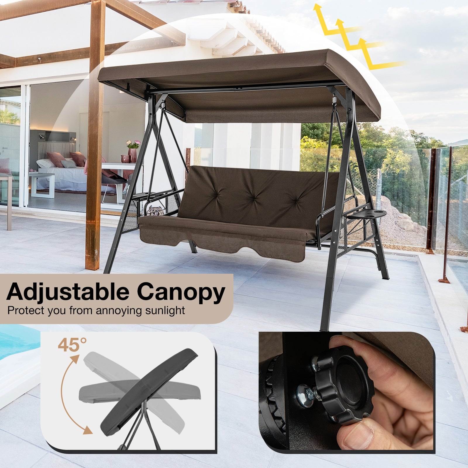Convertible 3-Seat Patio Porch Swing Chair to Flat Bed with Adjustable Canopy, Brown Porch Swings at Gallery Canada