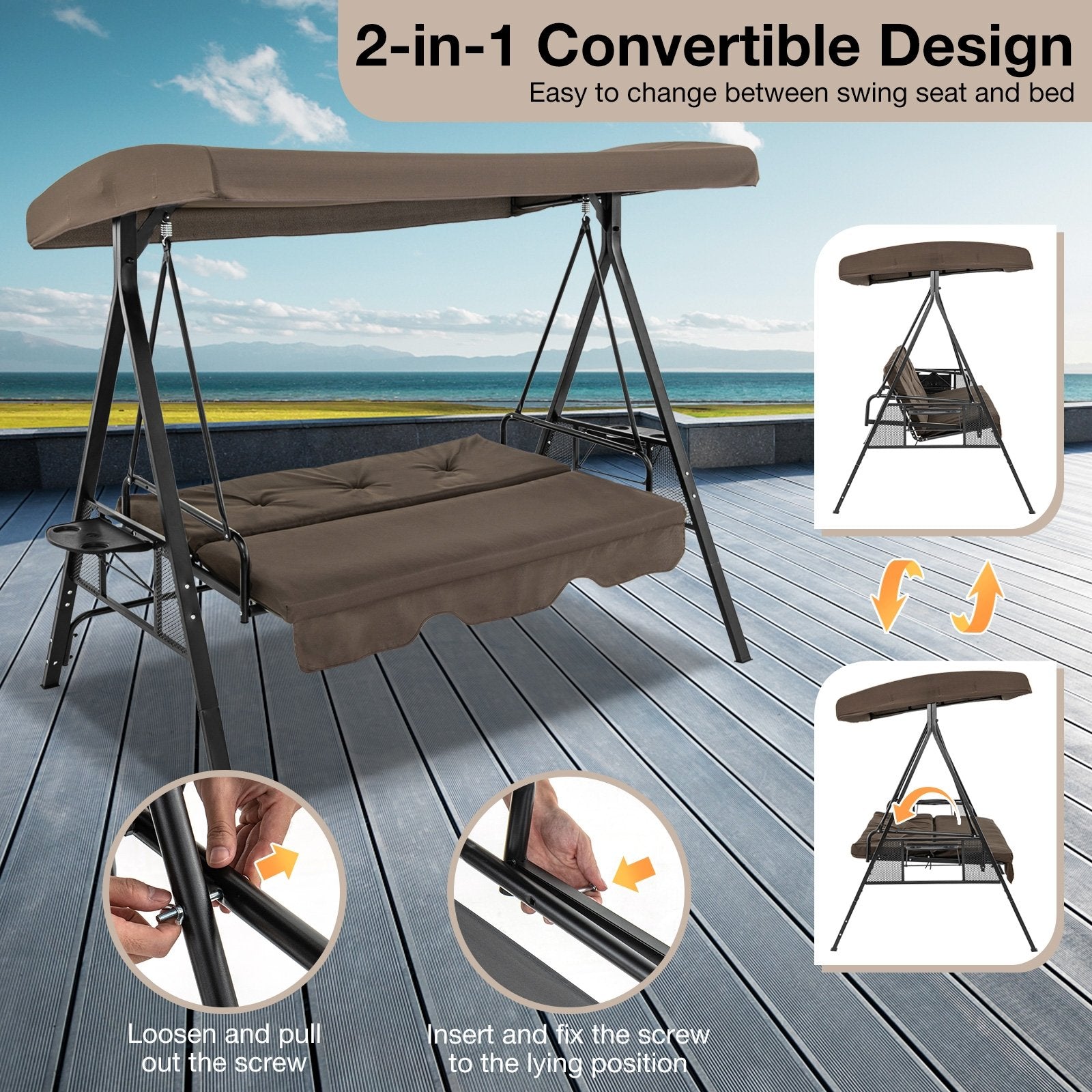 Convertible 3-Seat Patio Porch Swing Chair to Flat Bed with Adjustable Canopy, Brown Porch Swings at Gallery Canada