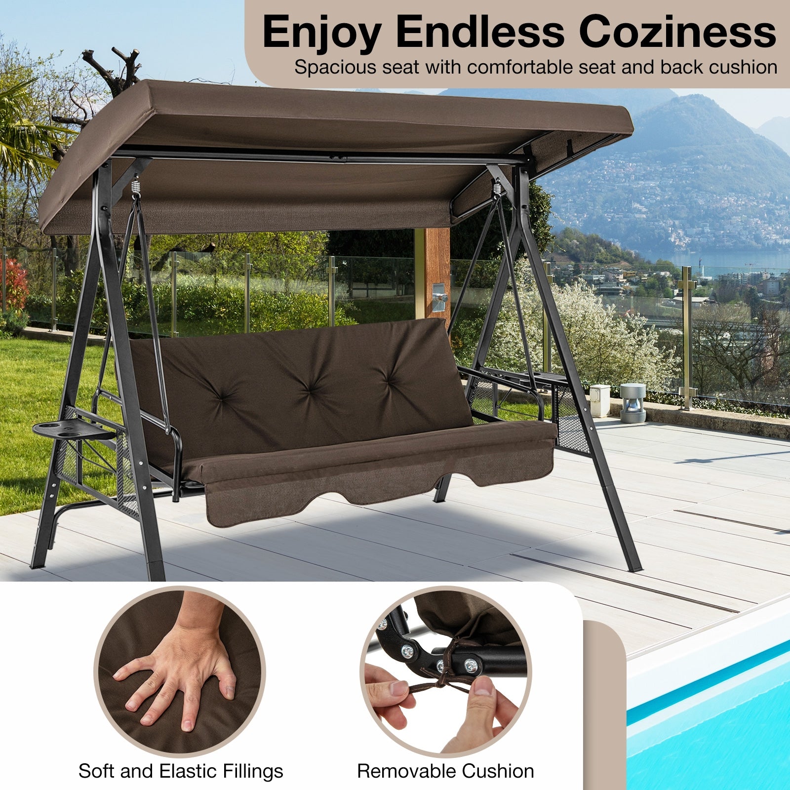 Convertible 3-Seat Patio Porch Swing Chair to Flat Bed with Adjustable Canopy, Brown Porch Swings at Gallery Canada