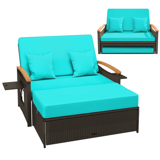 Outdoor Wicker Daybed With Folding Panels, Storage Ottoman, Green