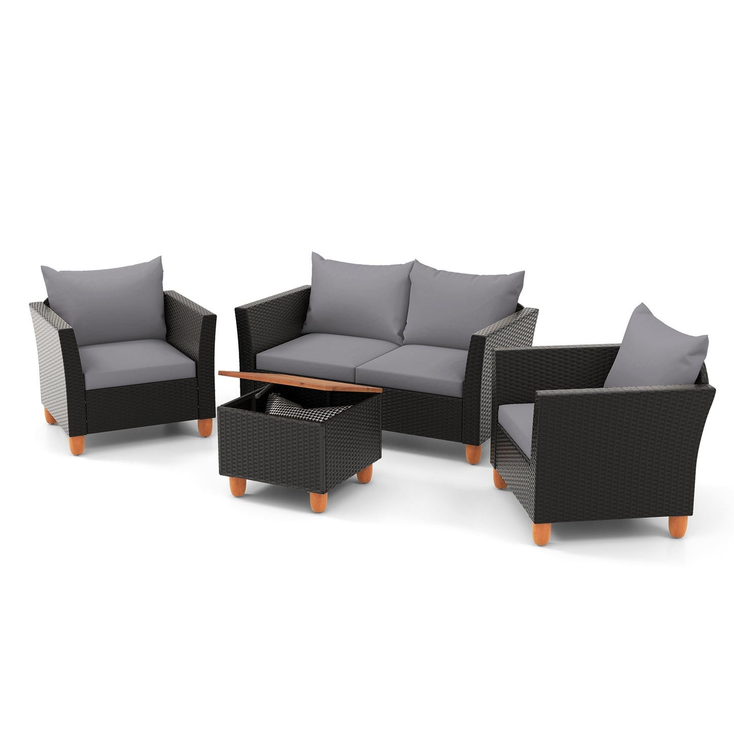 Ensemble de conversation extérieur 4 pièces, avec table basse de rangement, gris