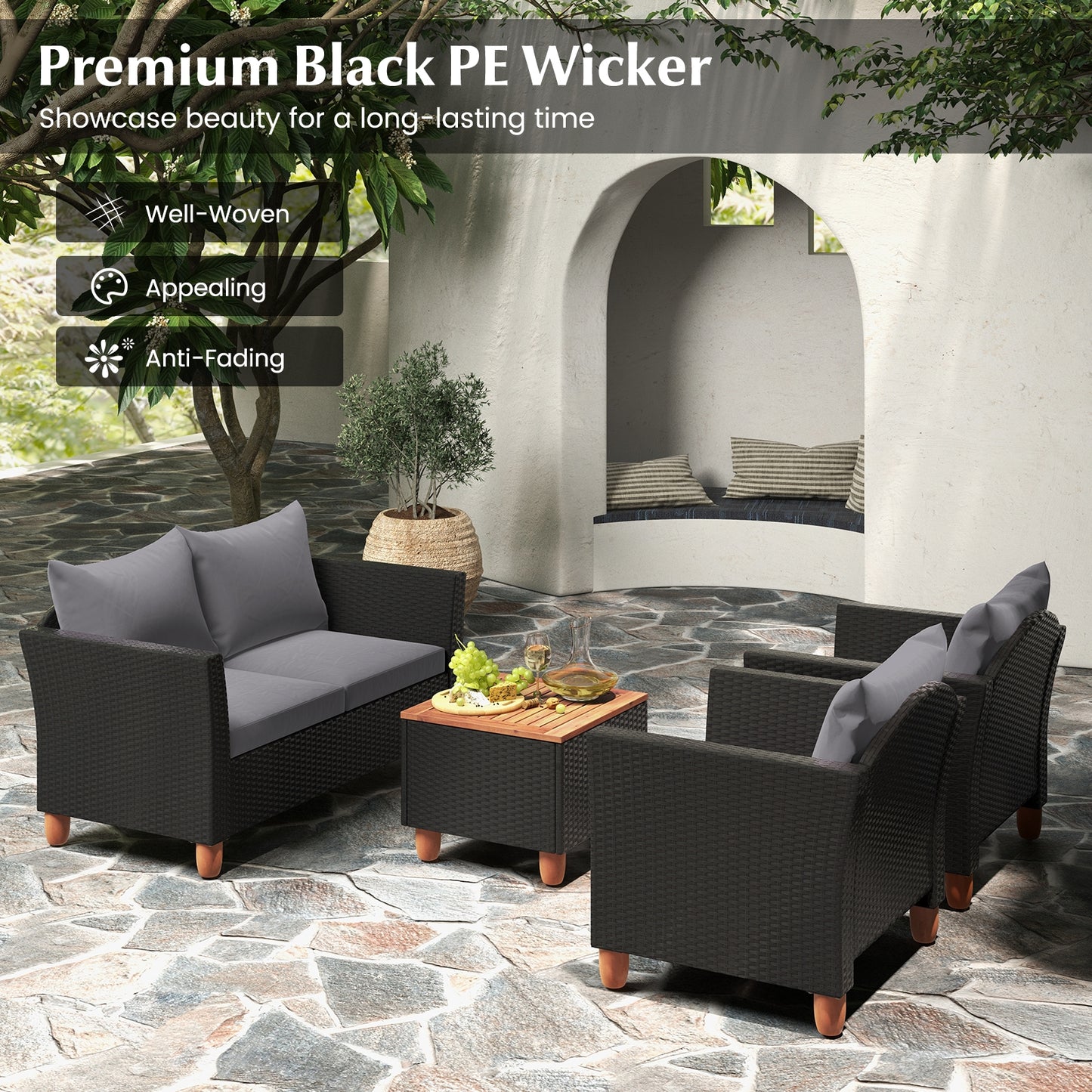 4 Pieces Outdoor Conversation Set with Storage Coffee Table, Gray Patio Conversation Sets at Gallery Canada