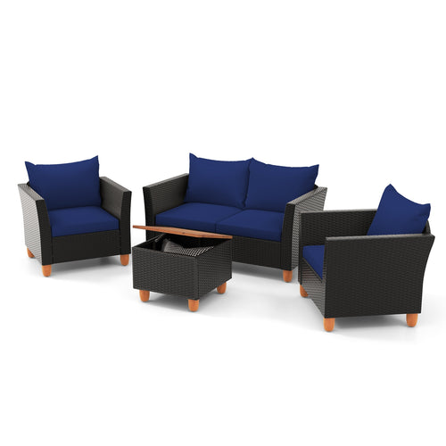 4 Piece Outdoor Conversation Set, Storage Coffee Table, Navy