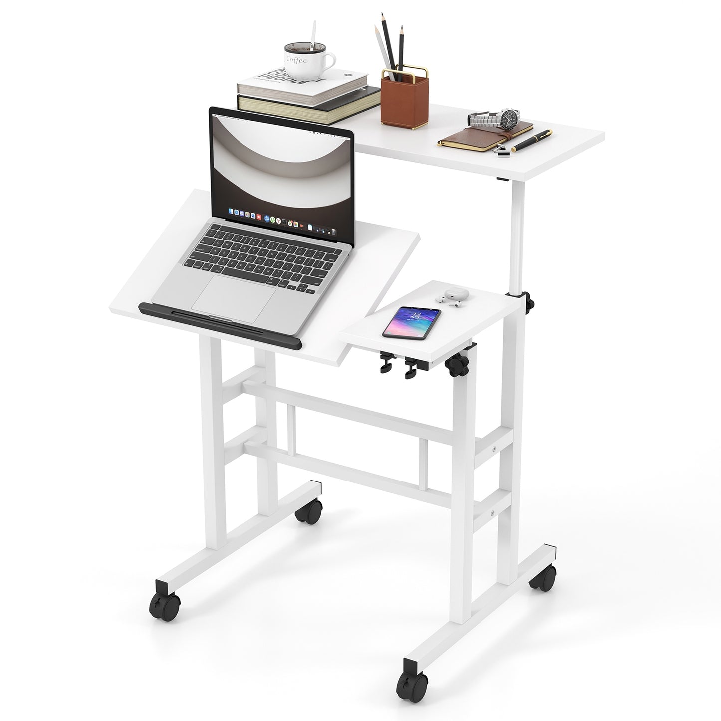 Adjustable Mobile Stand Up Desk, 2 Tilting Desktops, White Laptop Tables & Printer Stands at Gallery Canada