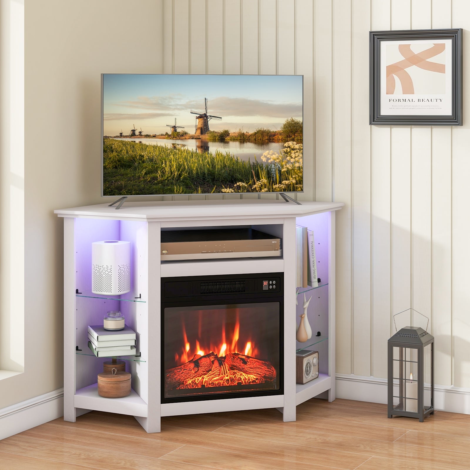 Fireplace Corner TV Stand with LED Lights and Smart APP Control for 50 Inches TV, White Entertainment Centers & TV Stands at Gallery Canada