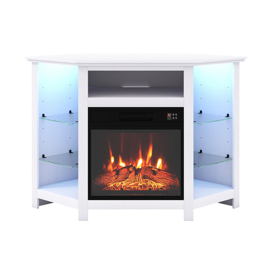 Fireplace Corner TV Stand With LED Lights, Smart App Control, 50 Inches, White Entertainment Centers & TV Stands White at Gallery Canada