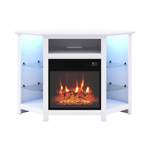 Fireplace Corner TV Stand With LED Lights, Smart App Control, 50 Inches, White