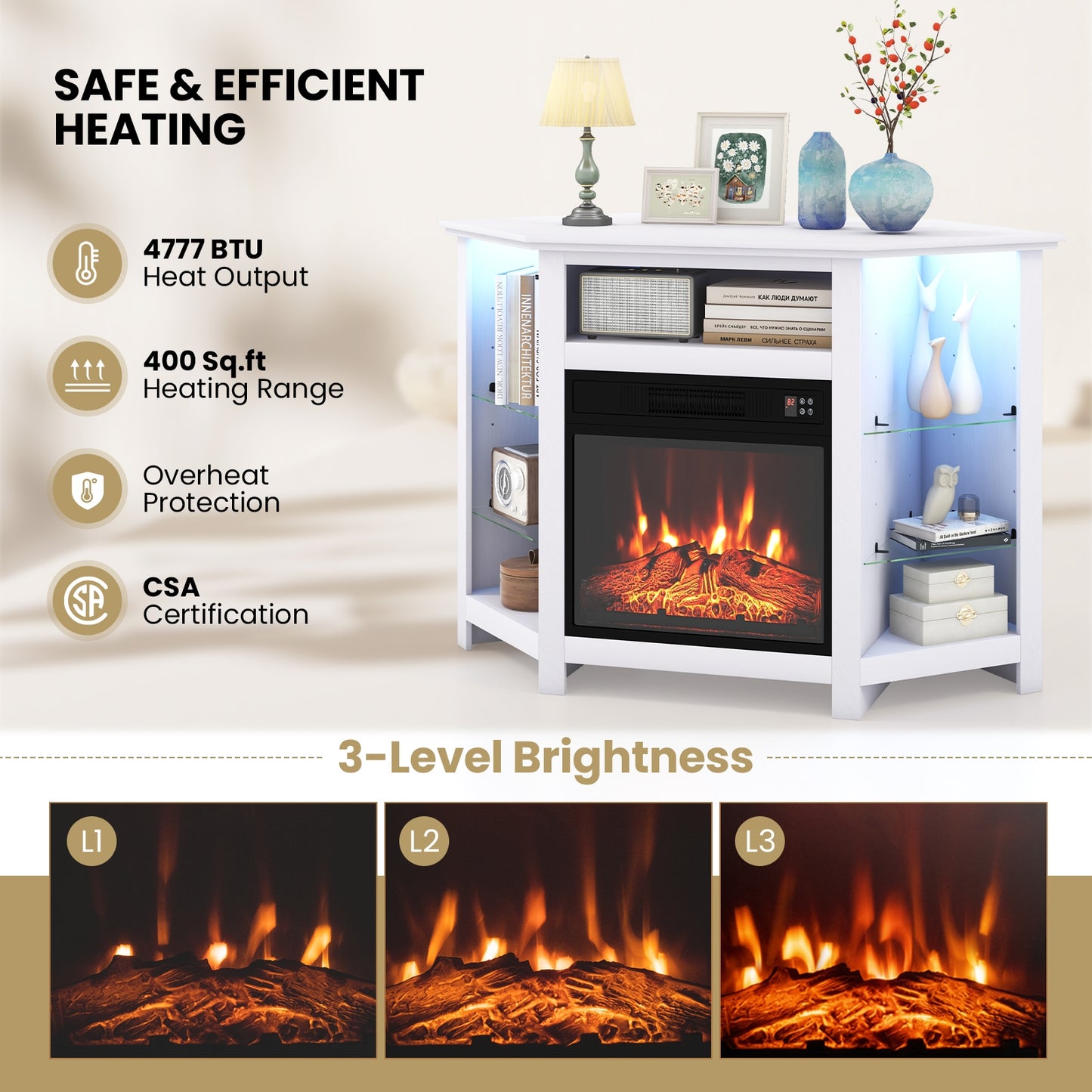 Fireplace Corner TV Stand with LED Lights and Smart APP Control for 50 Inches TV, White Entertainment Centers & TV Stands at Gallery Canada