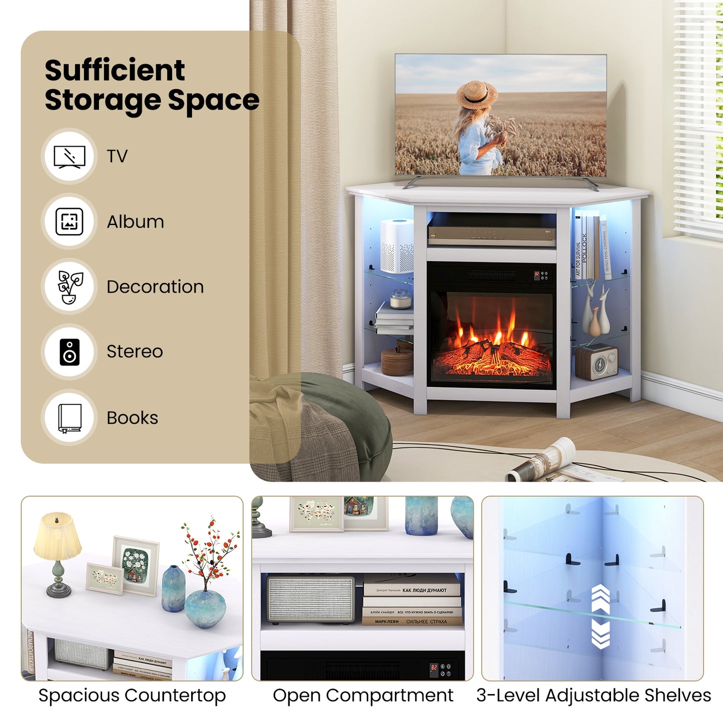 Fireplace Corner TV Stand with LED Lights and Smart APP Control for 50 Inches TV, White Entertainment Centers & TV Stands at Gallery Canada