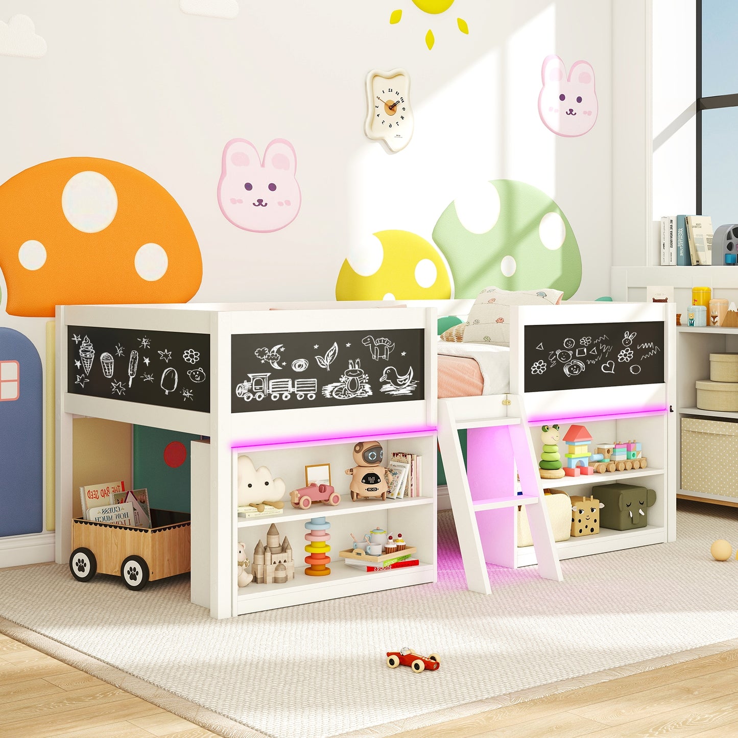 Low Loft Bed with LED Lights Kid's Cabin Bed with Bookcases, White Simple Bed Frame at Gallery Canada