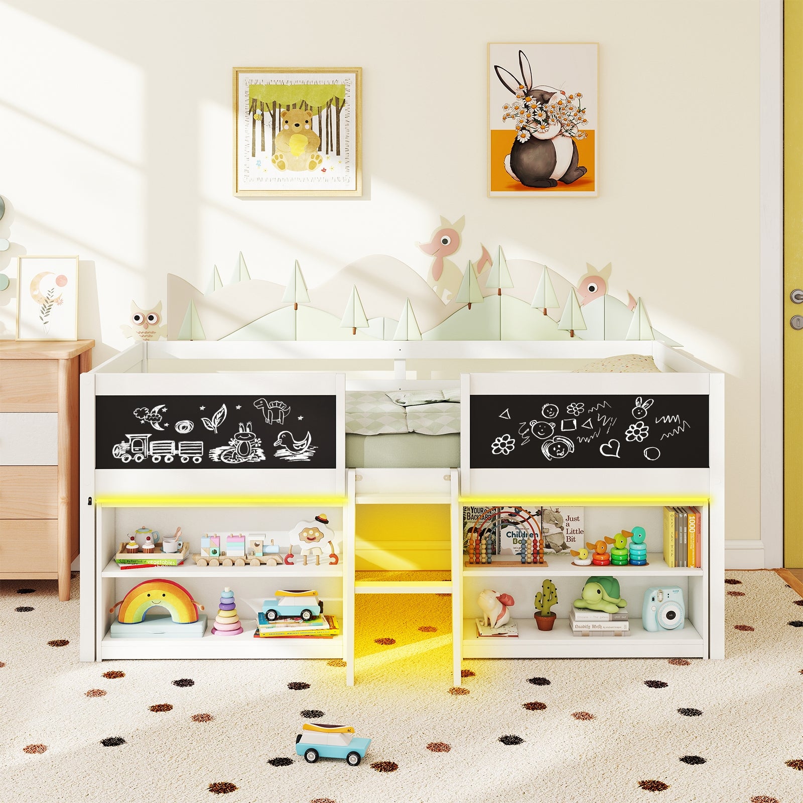 Low Loft Bed with LED Lights Kid's Cabin Bed with Bookcases, White Simple Bed Frame at Gallery Canada