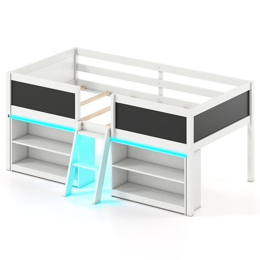 Low Loft Bed With LED Lights, Kids Cabin Bed With Bookcases, White