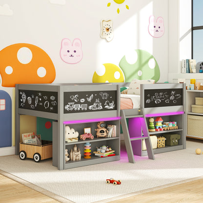 Low Loft Bed With LED Lights, Kid's Cabin Bed With Bookcases, Gray Simple Bed Frame at Gallery Canada