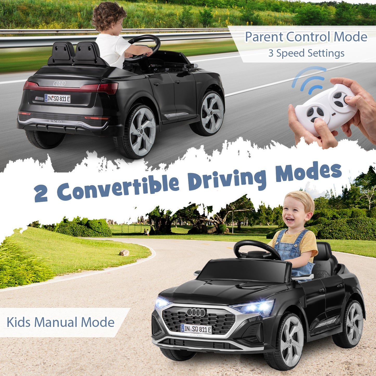 12V Kids Ride on Car Licensed Audi SQ8 with Remote Control and 3 Speeds, Black Powered Ride On Toys at Gallery Canada