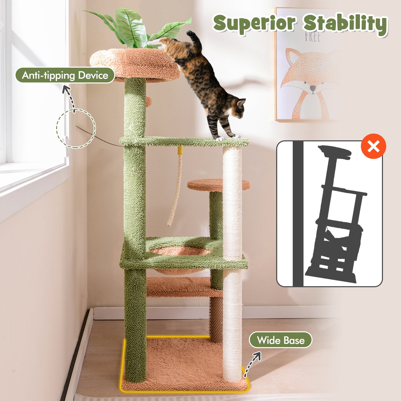 Multilevel Cat Tree with Scratching Posts and Rope Plush Perch Toy Bed, Green Cat Trees Condos & Scratchers at Gallery Canada