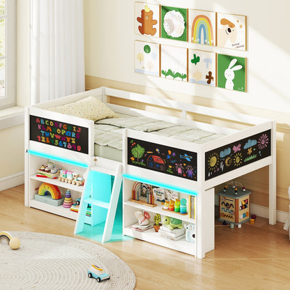Low Loft Bed with LED Lights Kid's Cabin Bed with Bookcases, White Simple Bed Frame at Gallery Canada