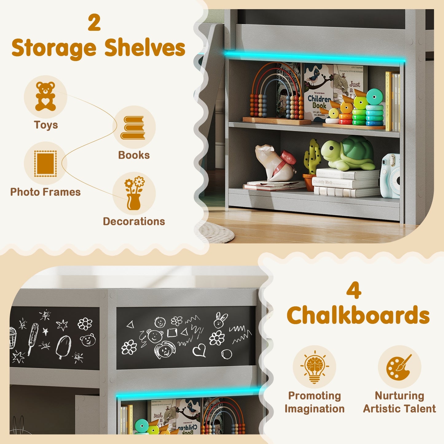 Low Loft Bed With LED Lights, Kid's Cabin Bed With Bookcases, Gray Simple Bed Frame at Gallery Canada
