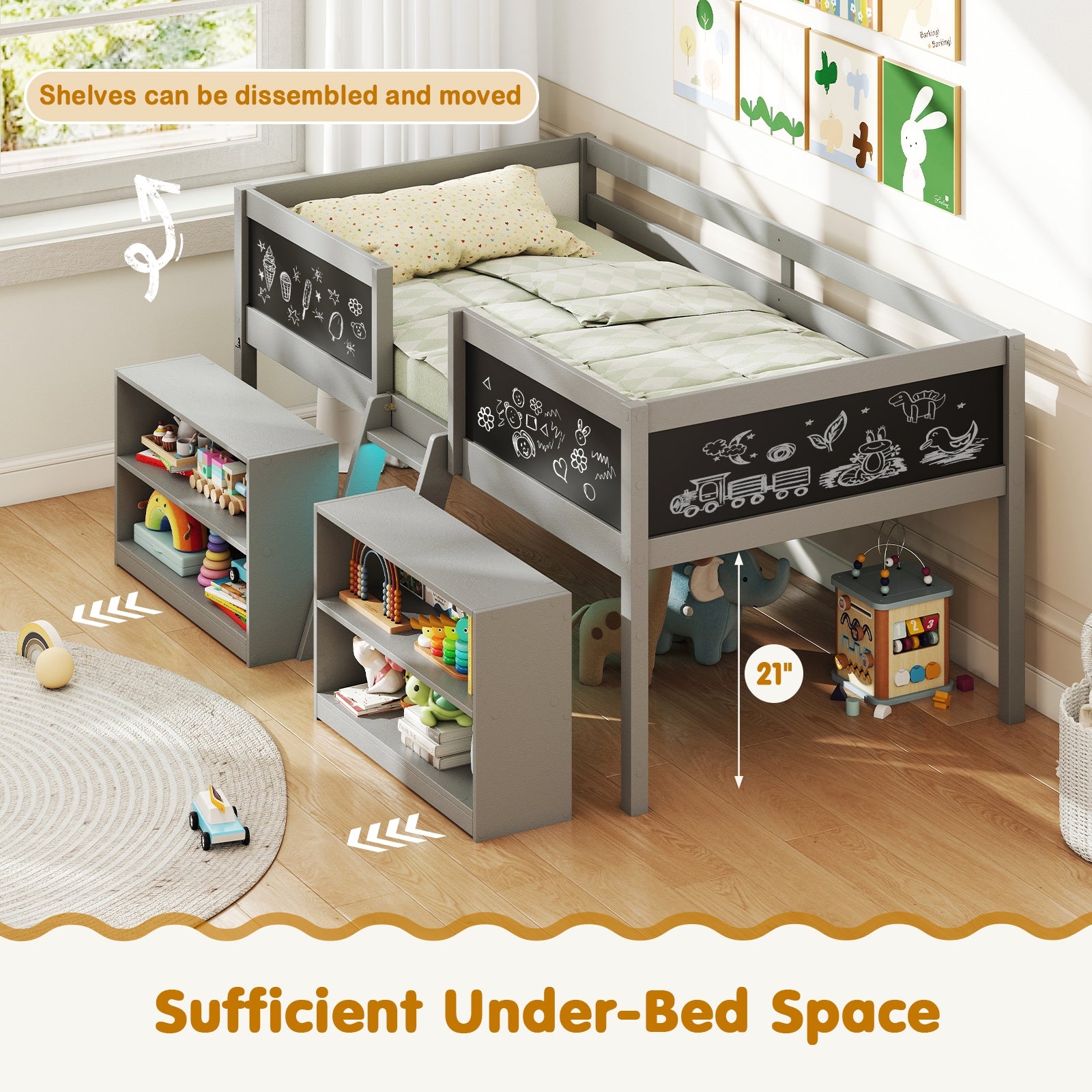 Low Loft Bed With LED Lights, Kid's Cabin Bed With Bookcases, Gray Simple Bed Frame at Gallery Canada
