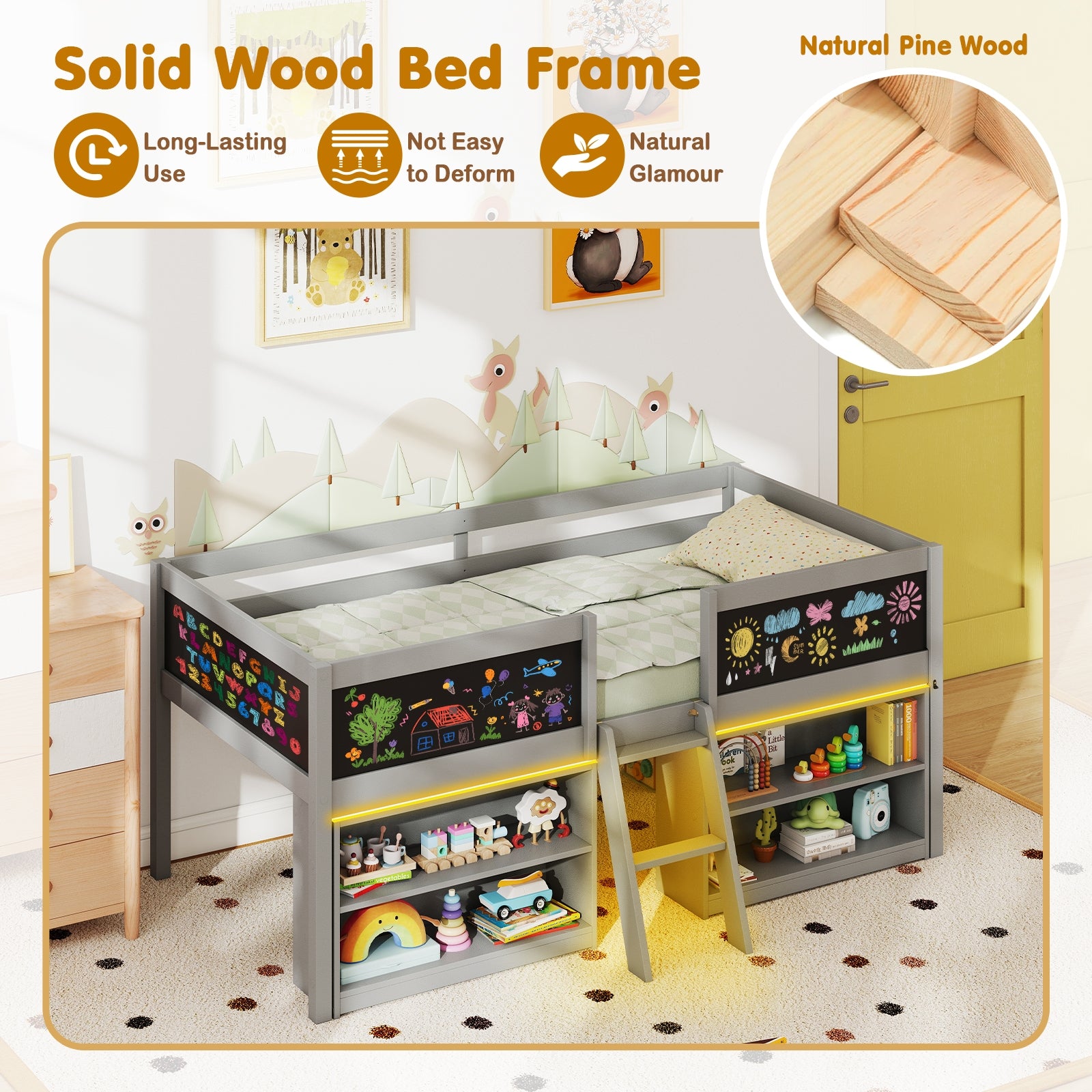 Low Loft Bed With LED Lights, Kid's Cabin Bed With Bookcases, Gray Simple Bed Frame at Gallery Canada