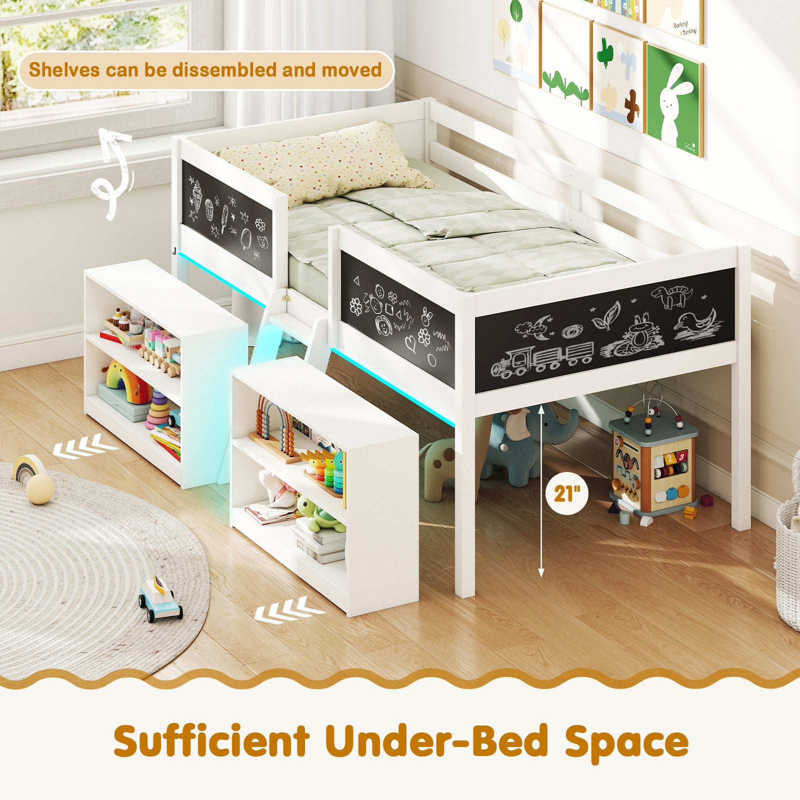 Low Loft Bed with LED Lights Kid's Cabin Bed with Bookcases, White Simple Bed Frame at Gallery Canada