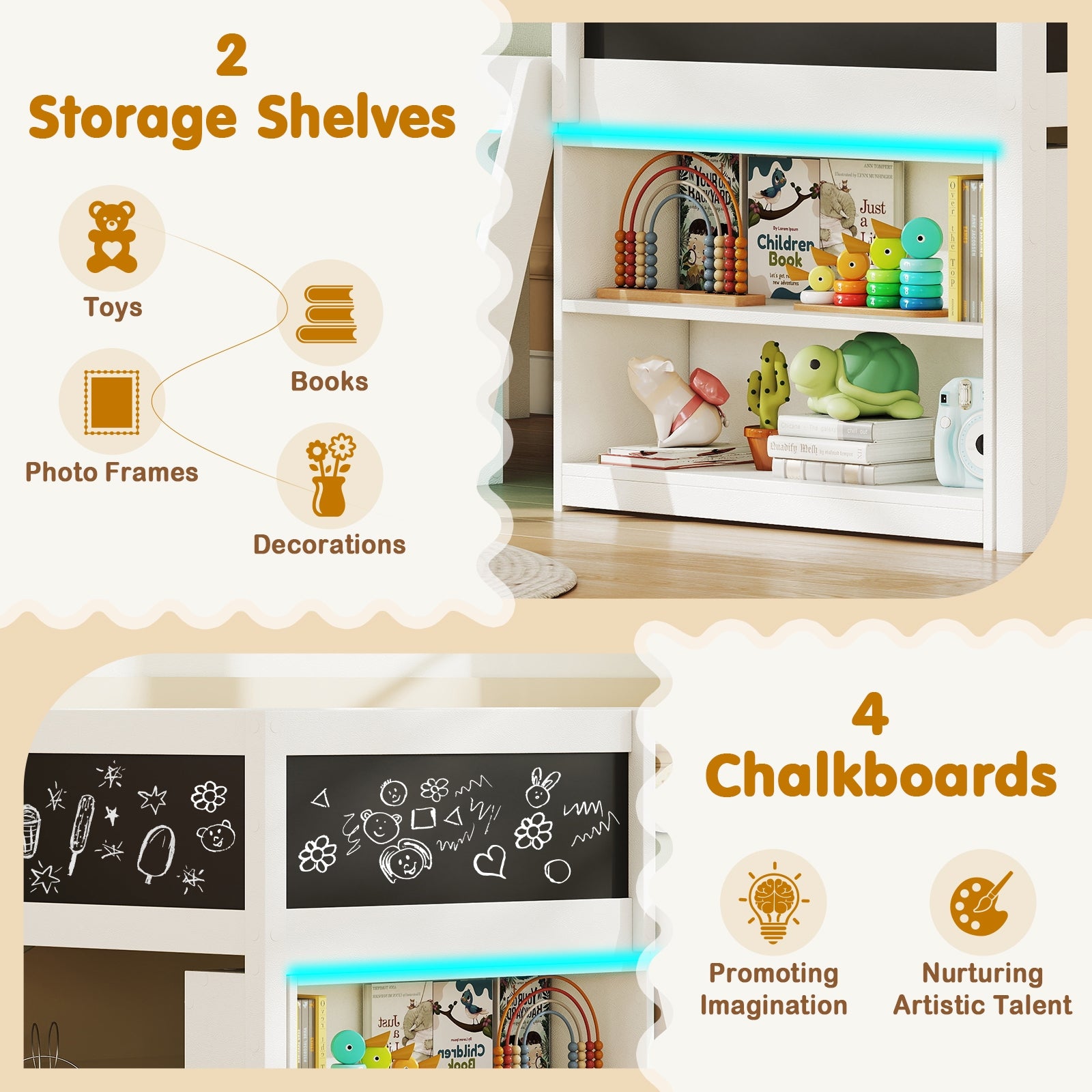 Low Loft Bed with LED Lights Kid's Cabin Bed with Bookcases, White Simple Bed Frame at Gallery Canada