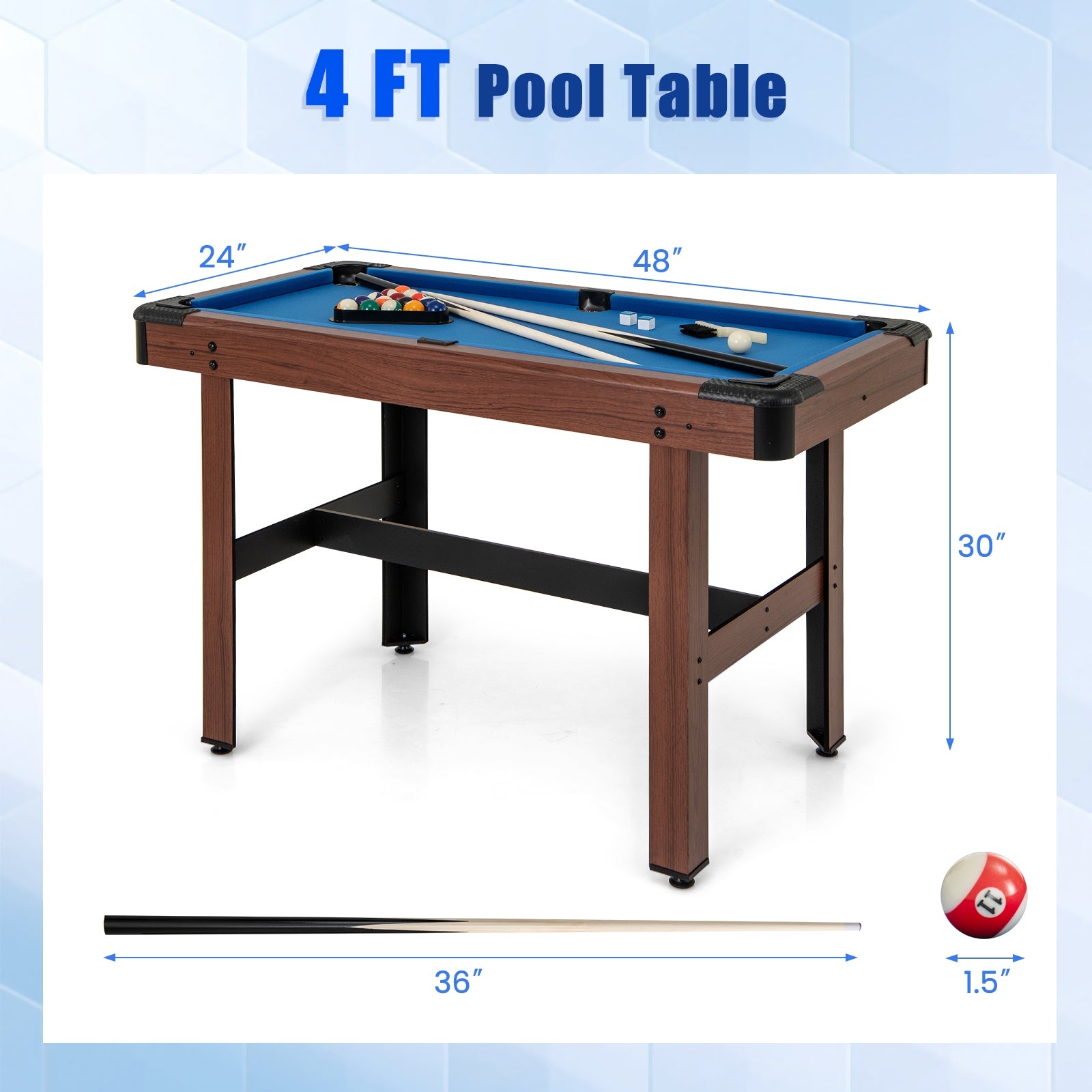 48 Inch Pool Wooden Game Table with Full Set of Ballsfor Kids and Adults, Blue Game Room at Gallery Canada