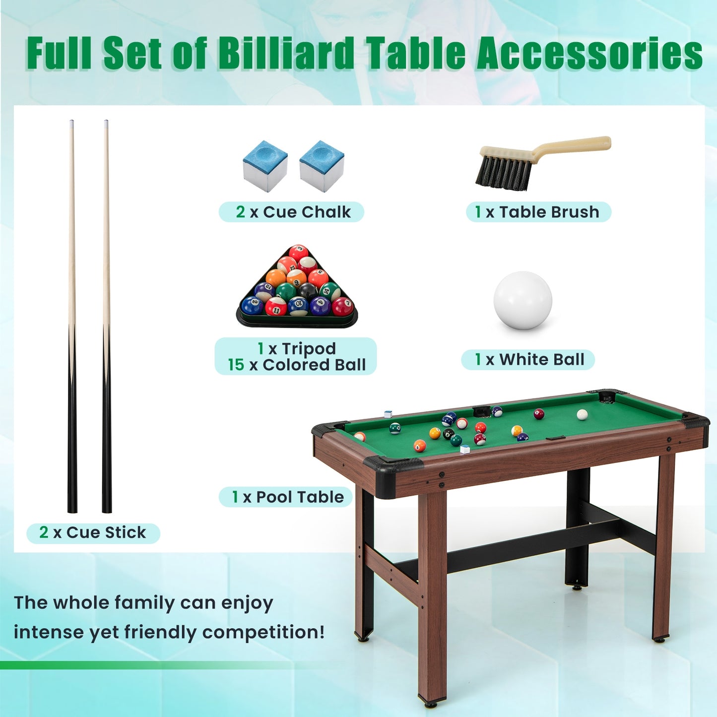 48 Inch Wooden Pool Table With Full Ball Set, Green Game Room at Gallery Canada