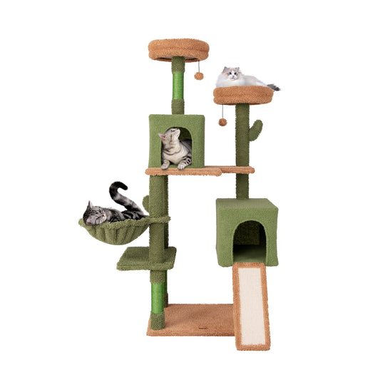 Multi-Level Cactus Cat Tree, Scratching Posts, Ladder, Double Condos, Toys Bed, Green