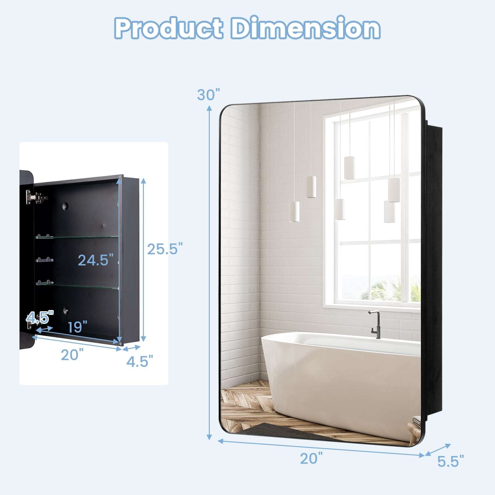 20 x30 Inch Multi-Functional Bathroom Mirror Cabinet with Adjustable Shelves, Black Wall Cabinets at Gallery Canada