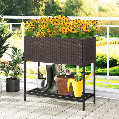 Wicker Raised Garden Bed With Storage Shelf, Removable Liner, Brown