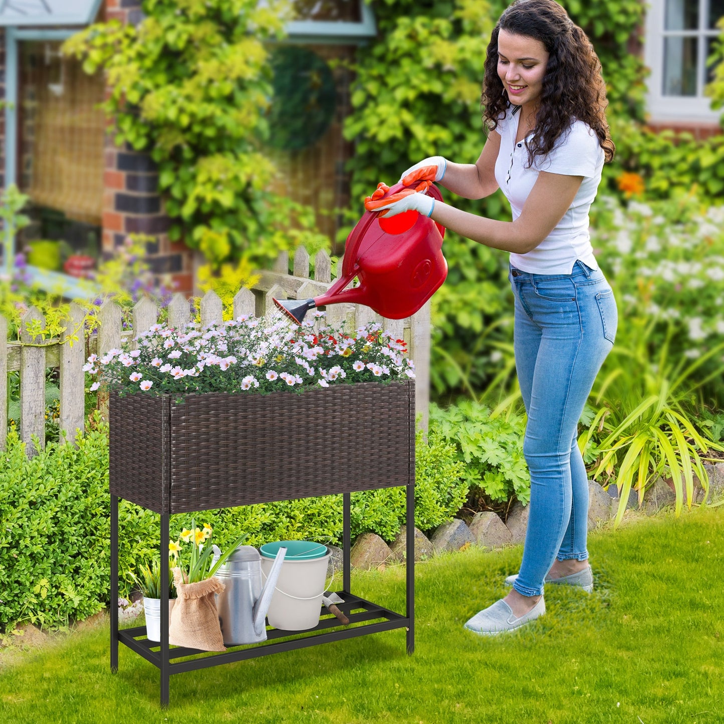 Lit de jardin surélevé en osier avec étagère de rangement, doublure amovible, marron