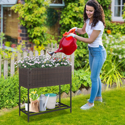 Lit de jardin surélevé en osier avec étagère de rangement, doublure amovible, marron