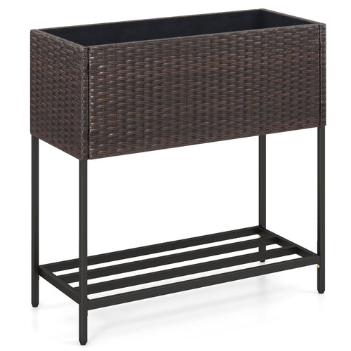 Wicker Raised Garden Bed With Storage Shelf, Removable Liner, Brown